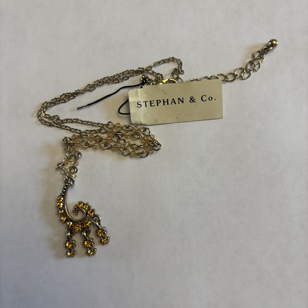 Stephan & Co. Antique Silver Tone Yellow Rhinestone Pendant Necklace NWT
